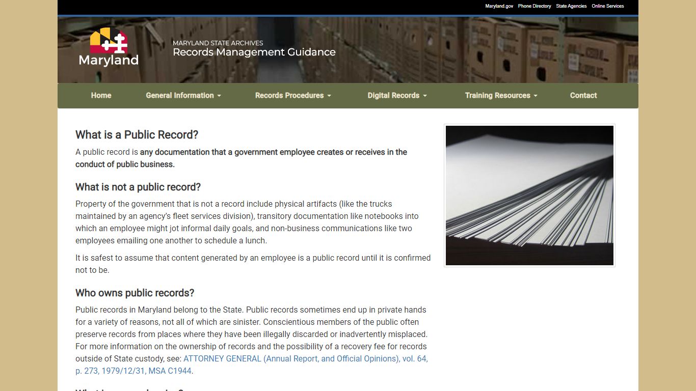 Public Records - Records Management and the State of Maryland