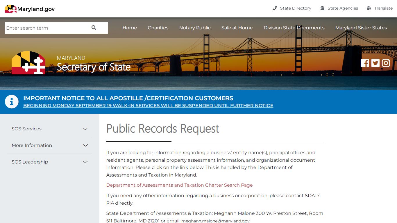 Public Records Request - Maryland Secretary of State